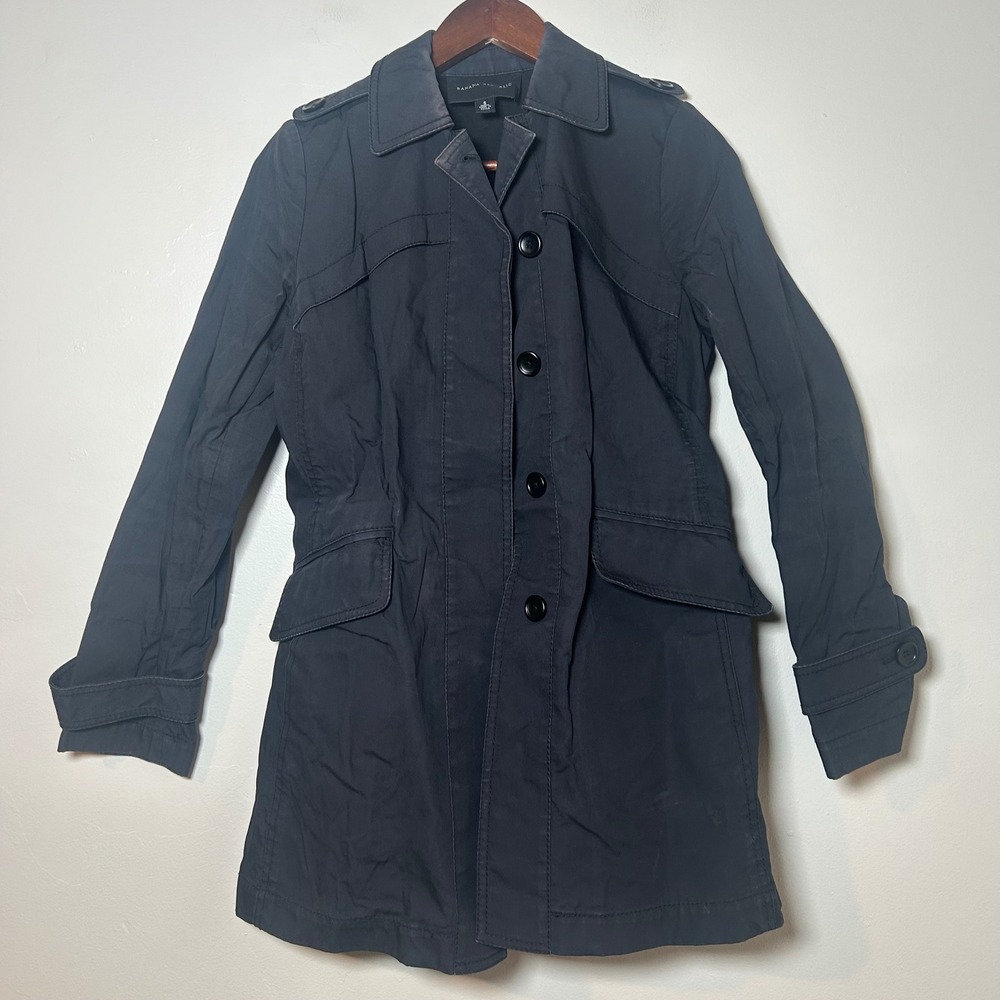 Banana Republic Trench Rain Coat Women Size Small Black Utility Button Front